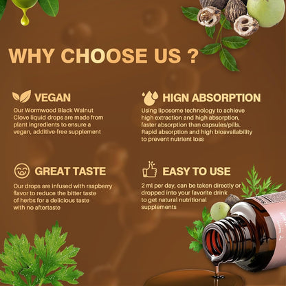 Totaria 20 in 1 Black Walnut Wormwood Tincture - Clove,Pumpkin Seed,Garlic,Oregano,Berberine - Gentle Gut Cleanse & Digestive Health -Raspberry Flavor - 2FL