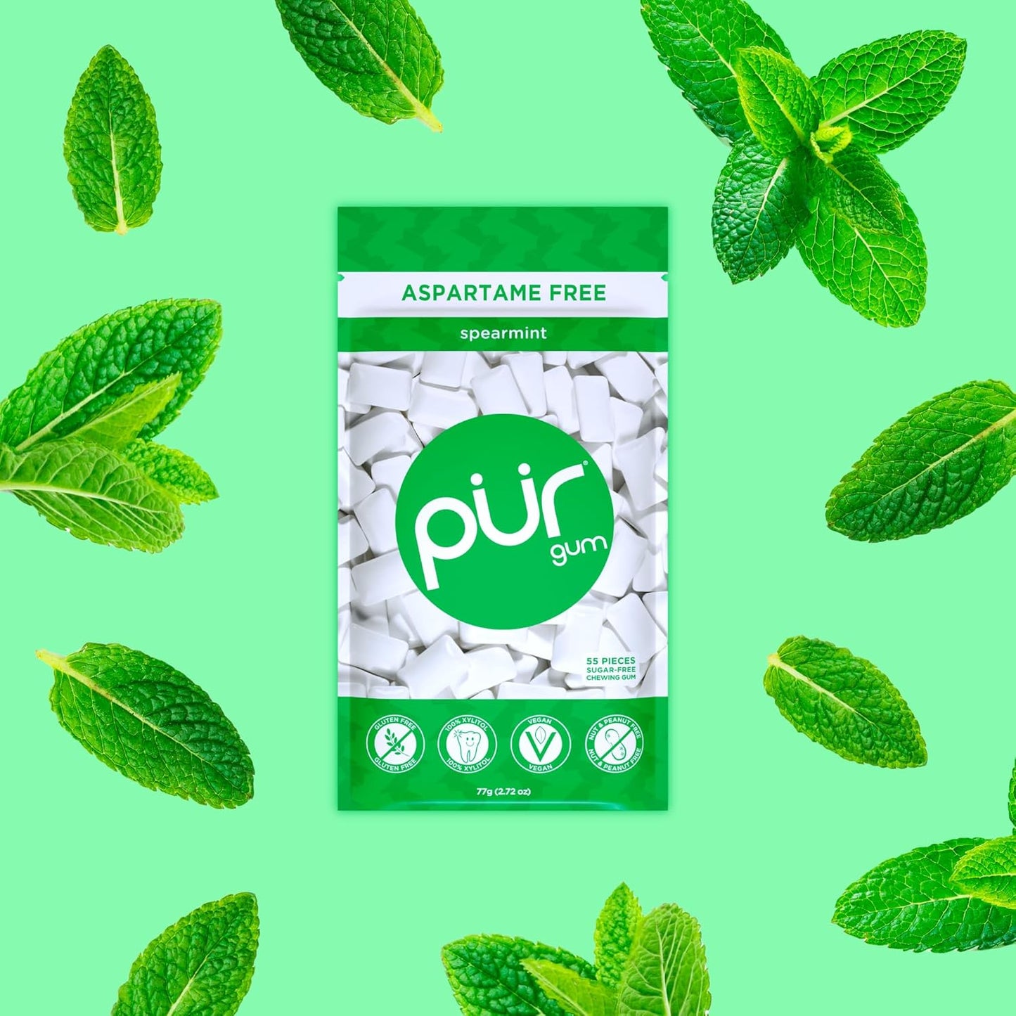 PUR Spearmint Chewing Gum Aspartame Free with Xylitol 55 Pieces