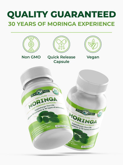 PURA VIDA MORINGA Organic Moringa Capsules 500mg – Pure Leaf Powder for Energy & Wellness Support, 120 Capsules