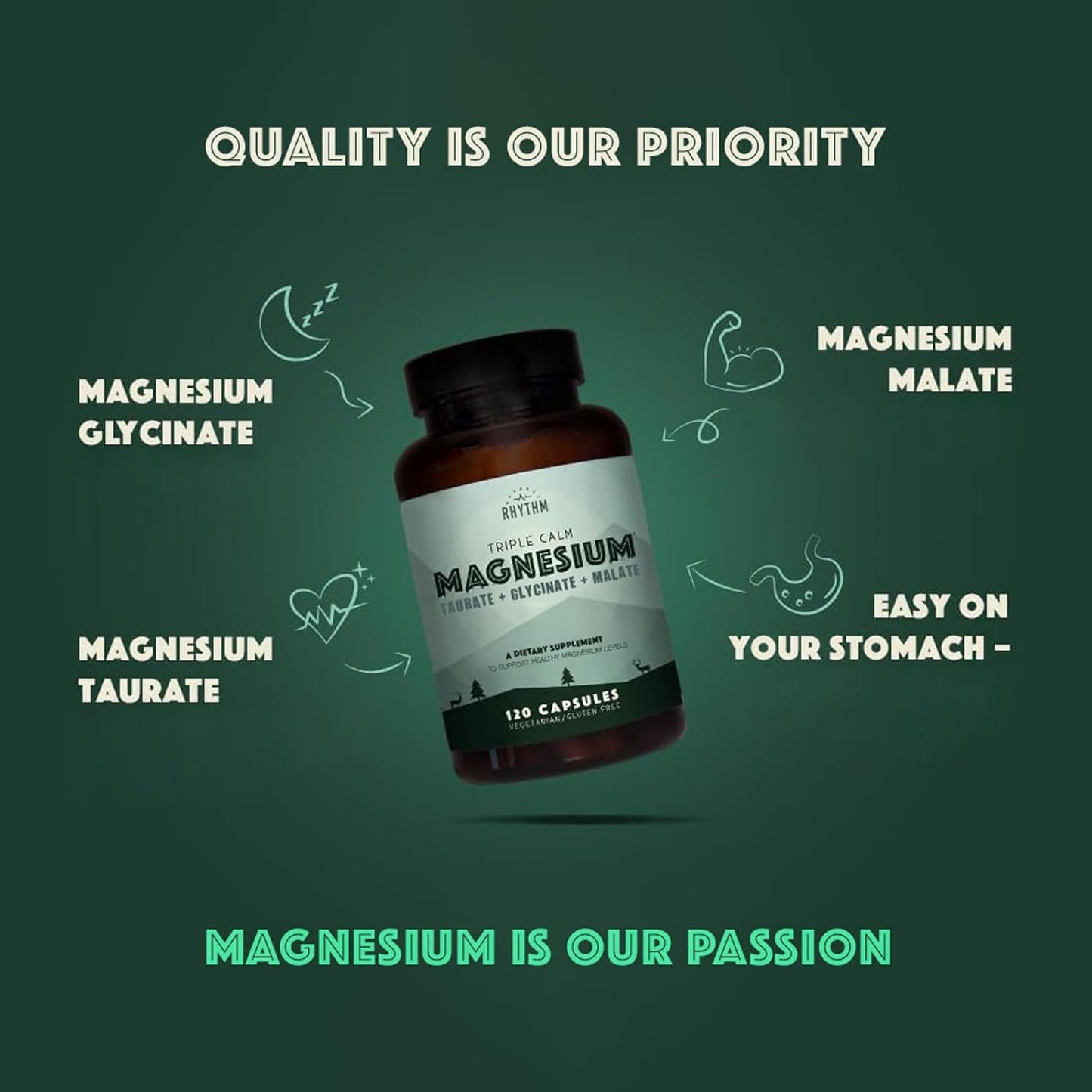Natural Rhythm Triple Calm Magnesium Complex – Chelated Magnesium Glycinate, Taurate & Malate, 120 Vegan Capsules