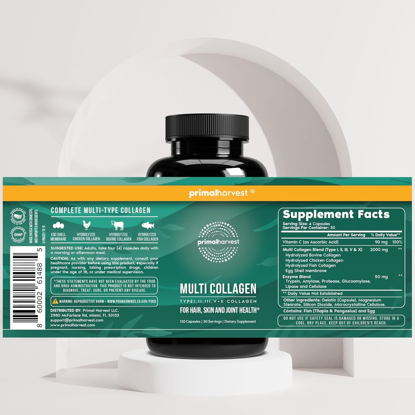 Primal Harvest Multi Collagen Capsules Types I II III V X with Vitamin C 120 Count