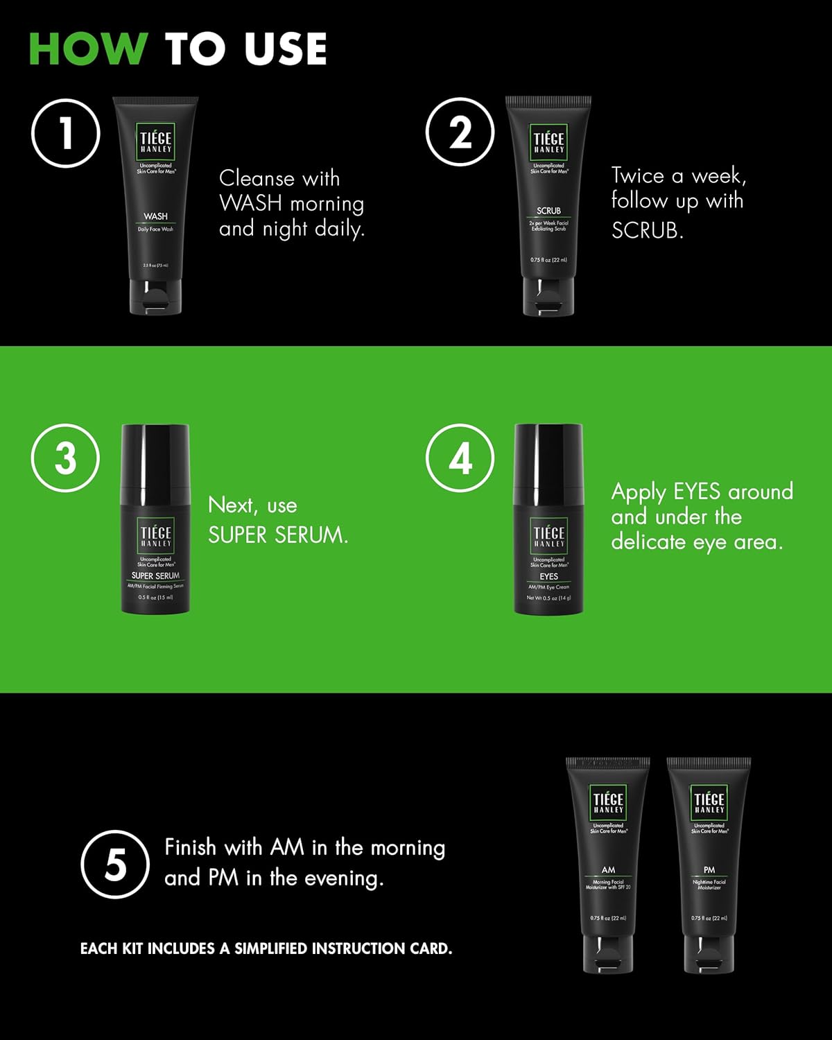 Tiege Hanley Men’s Skin Care Set Level 3 Face Wash Scrub Moisturizers Eye Cream Serum 6 Piece Kit