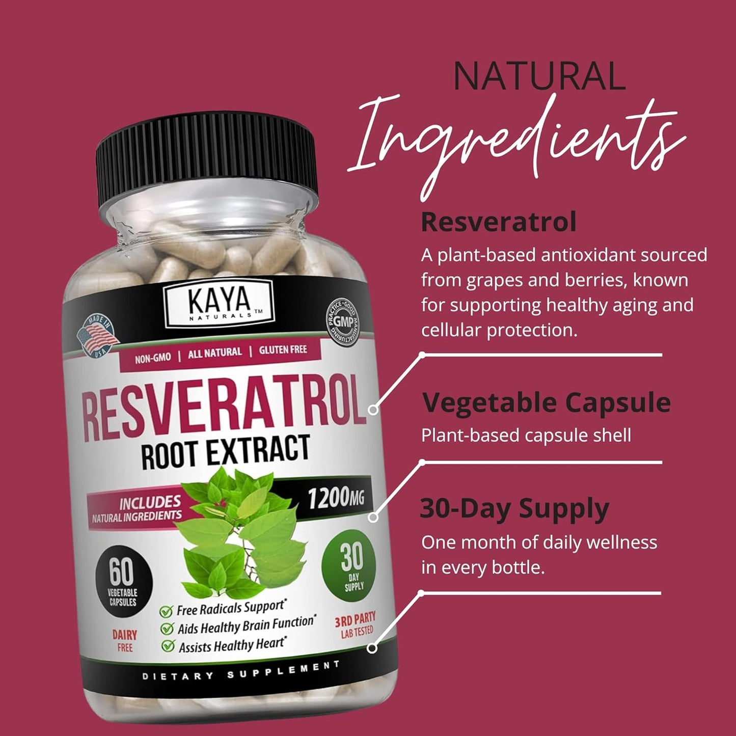 Kaya Naturals Resveratrol Capsules Antioxidant Anti-Aging Brain Support 60 Count