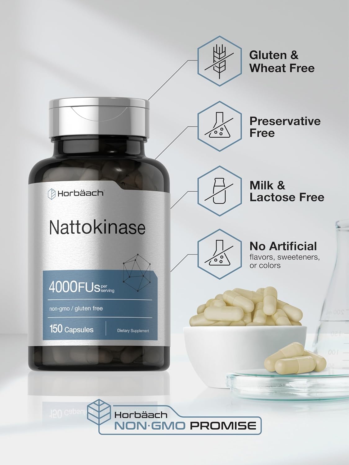 Horbäach Nattokinase 4000 FU Enzyme Supplement – Non-GMO, Gluten Free, 150 Capsules