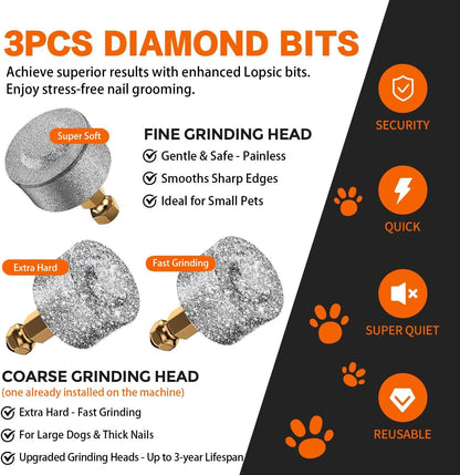 Rechargeable Dog Nail Grinder with LED Light – 3 Speeds, 3 Grinding Bits, Pet Nail Trimmer