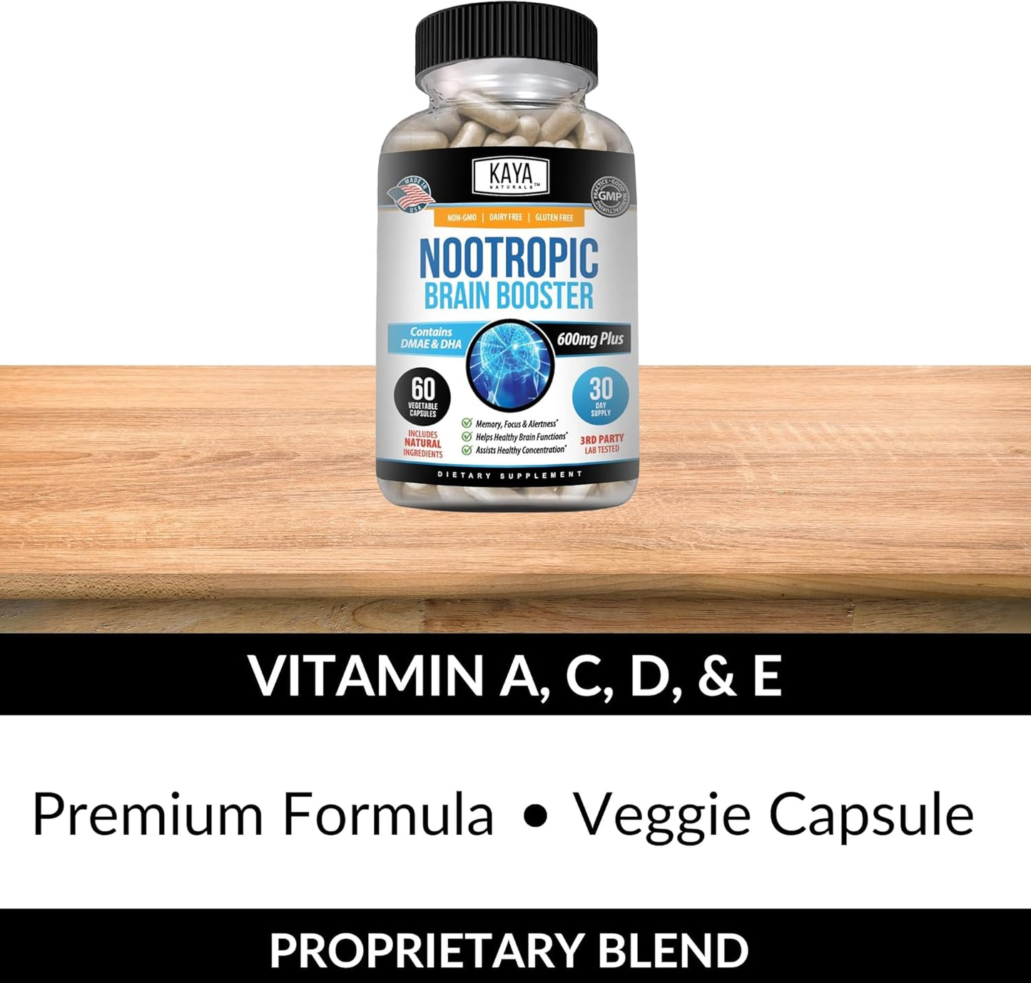 Kaya Naturals Nootropic Brain Booster Capsules Memory Focus Cognitive Support 60 Count