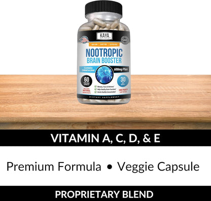 Kaya Naturals Nootropic Brain Booster Capsules Memory Focus Cognitive Support 60 Count