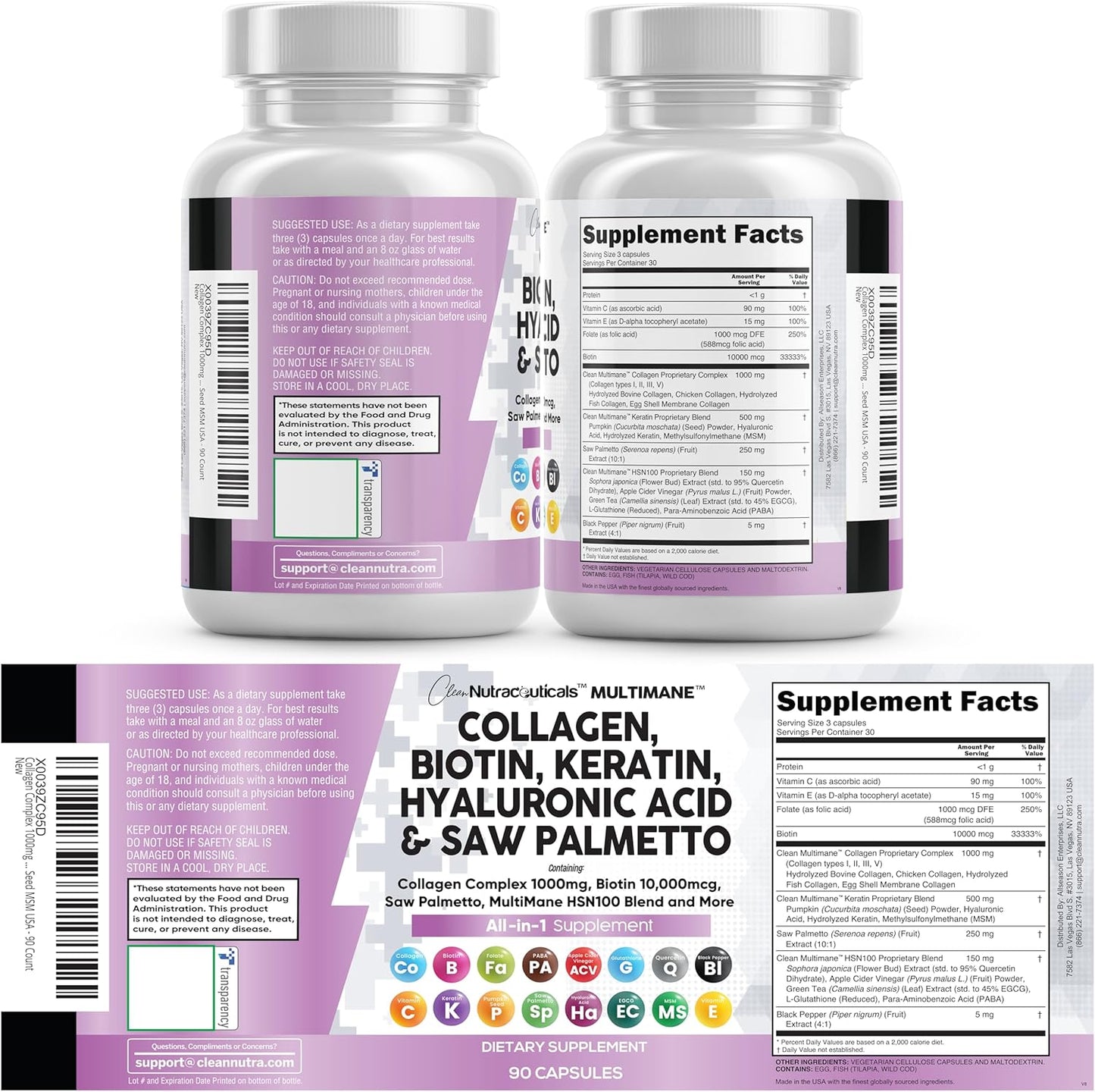 Clean Nutraceuticals Collagen Biotin Keratin Hair Skin Nails 90 Capsules
