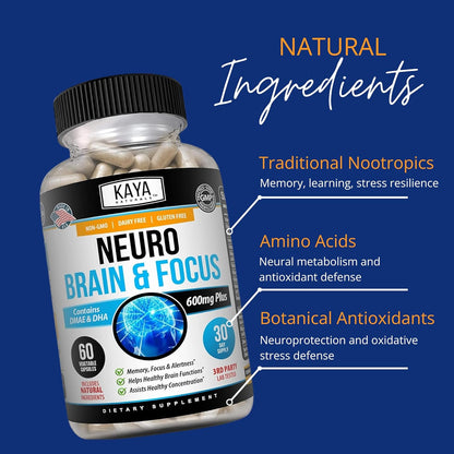 Kaya Naturals Neuro Brain Nootropic Capsules Memory Focus Cognitive Support 60 Count