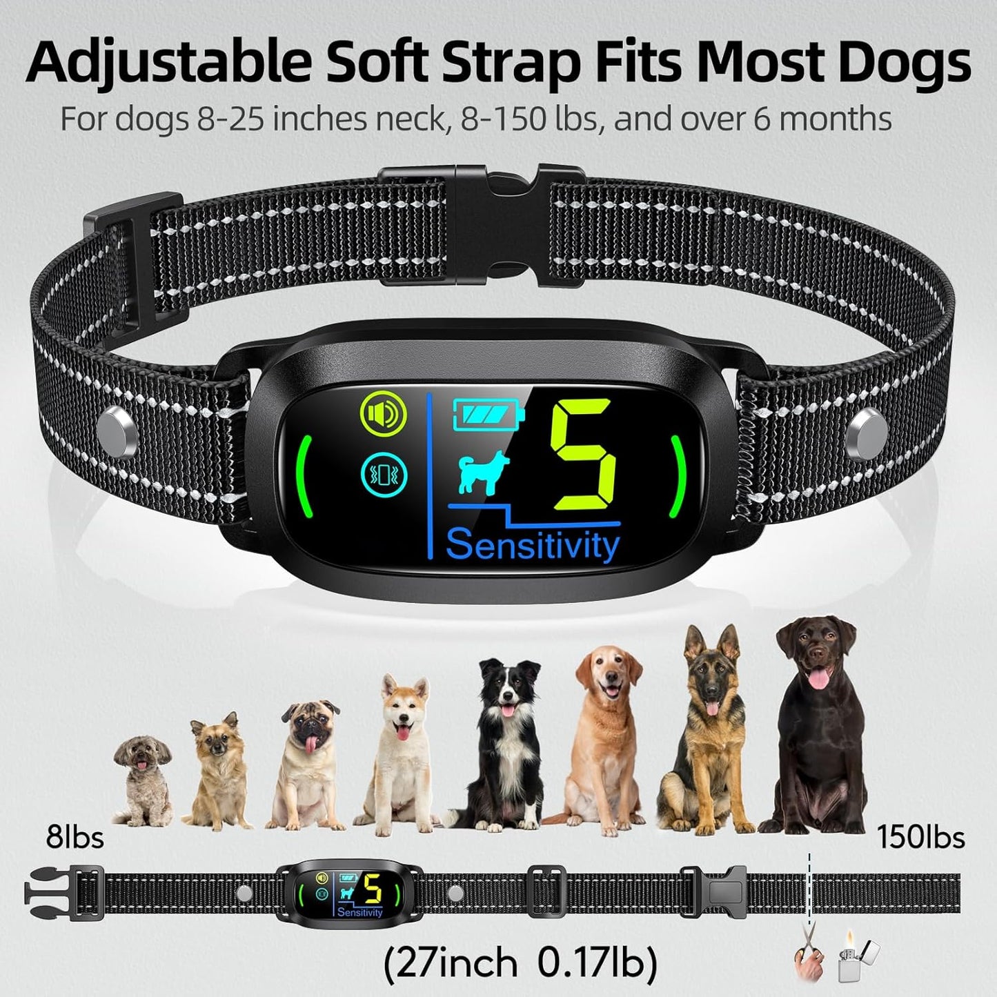 Rechargeable Dog Bark Collar – Smart Training Collar with 5 Sensitivity Levels, Beep & Vibration, Black