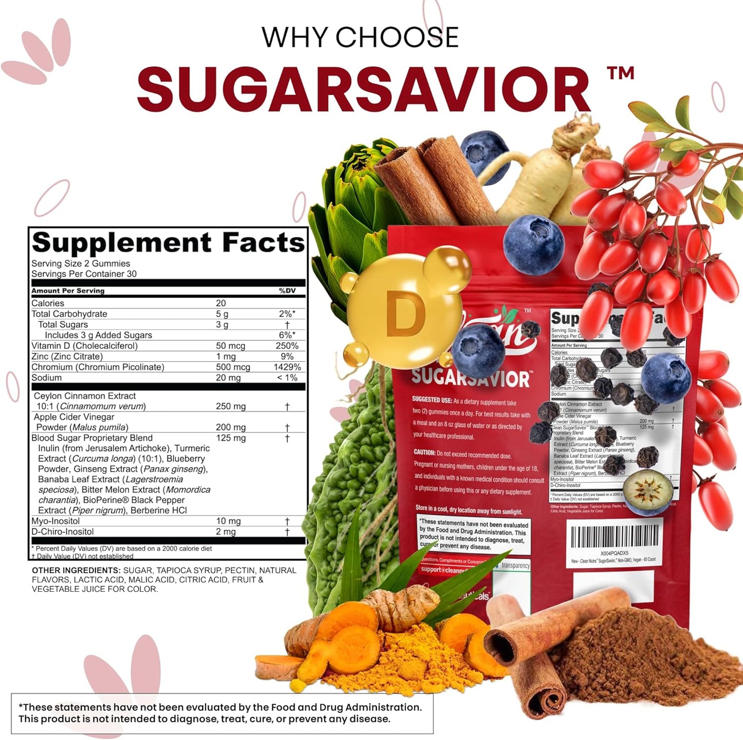 Sugar Savior Berberine Cinnamon ACV Gummies Turmeric Ginseng Vitamins 60 Count