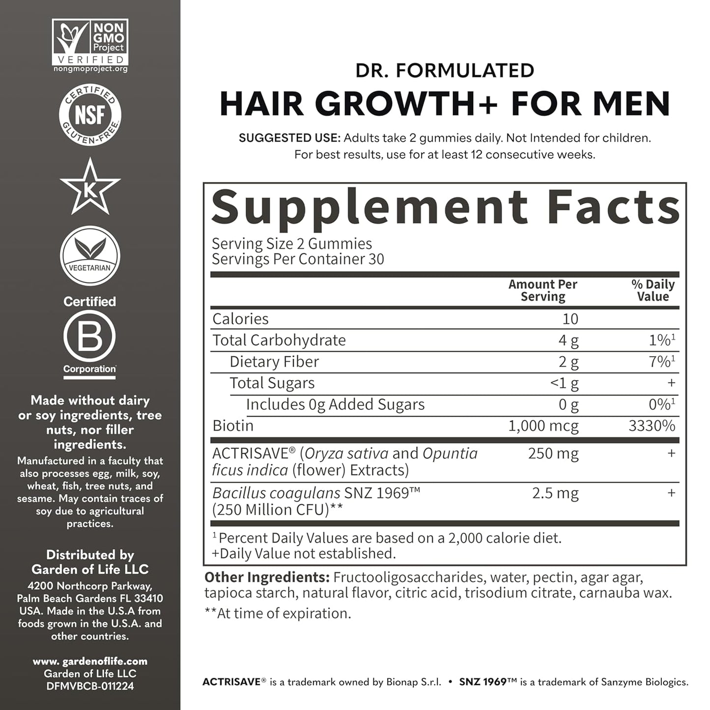 Garden of Life Dr. Formulated Hair Growth Gummies for Men – Biotin & Clinically Studied Extracts, Berry Flavor, 60 Gummies