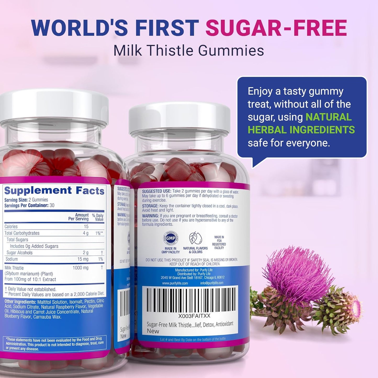 Sugar-Free Milk Thistle Gummies – Vegan Blueberry Raspberry Flavor, Antioxidant Herbal Supplement(60Gummies)