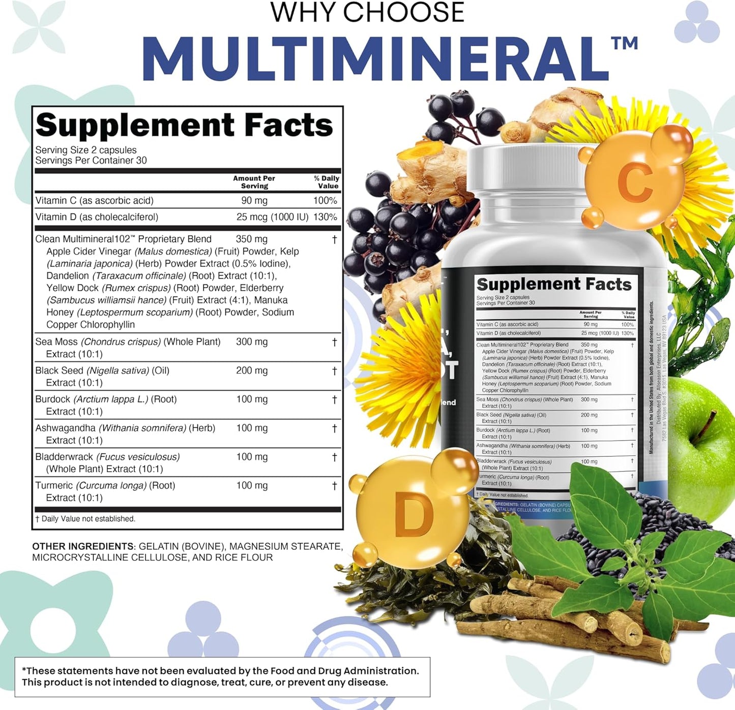 Clean Nutraceuticals Sea Moss & Herbal Supplement with Vitamins C D3 Elderberry 60 Count