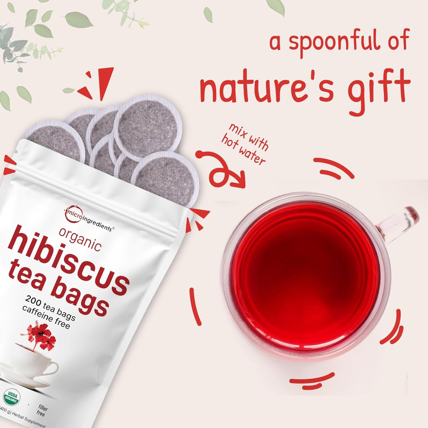 Organic Hibiscus Tea Bags 200 Count Caffeine Free Non-GMO Herbal Tea