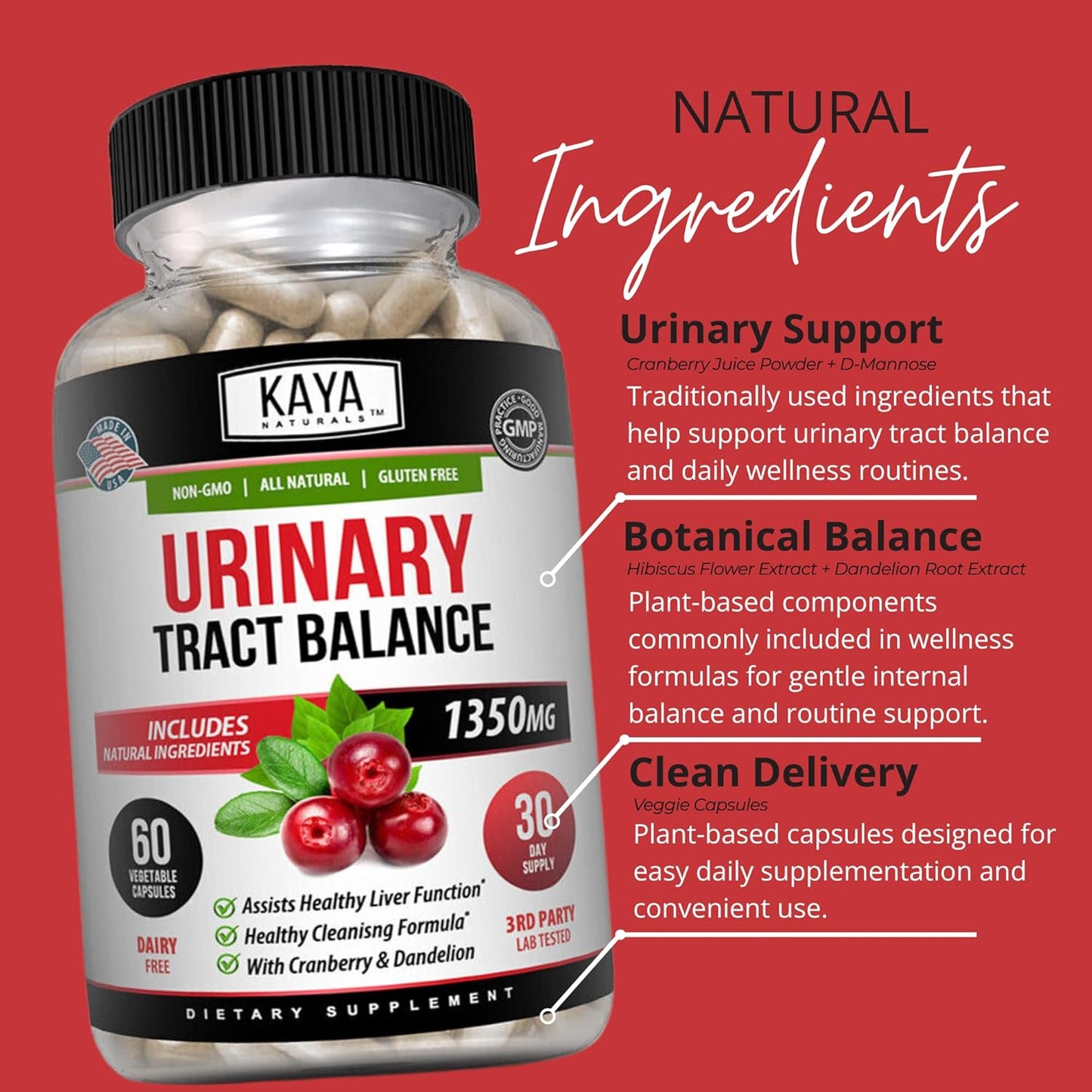 Kaya Naturals - D-Mannose - Urinary Tract UT Cleanse & Bladder Health - Made with Cranberry, Hibiscus & Dandelion Root - D Mannose Capsules Cranberry Supplement - 60 Veggie Capsules