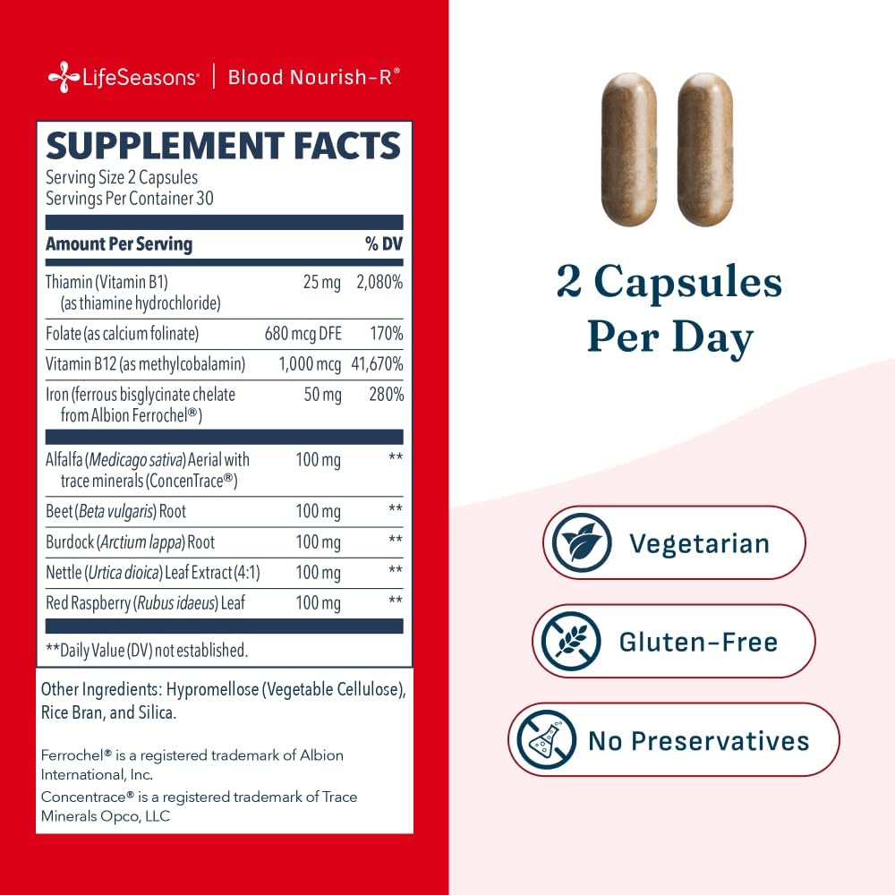 LifeSeasons Blood Nourish-R Iron Supplement with Beet Root and Vitamin B12 60 Capsules