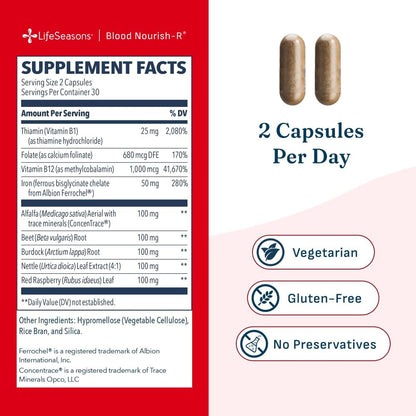 LifeSeasons Blood Nourish-R Iron Supplement with Beet Root and Vitamin B12 60 Capsules