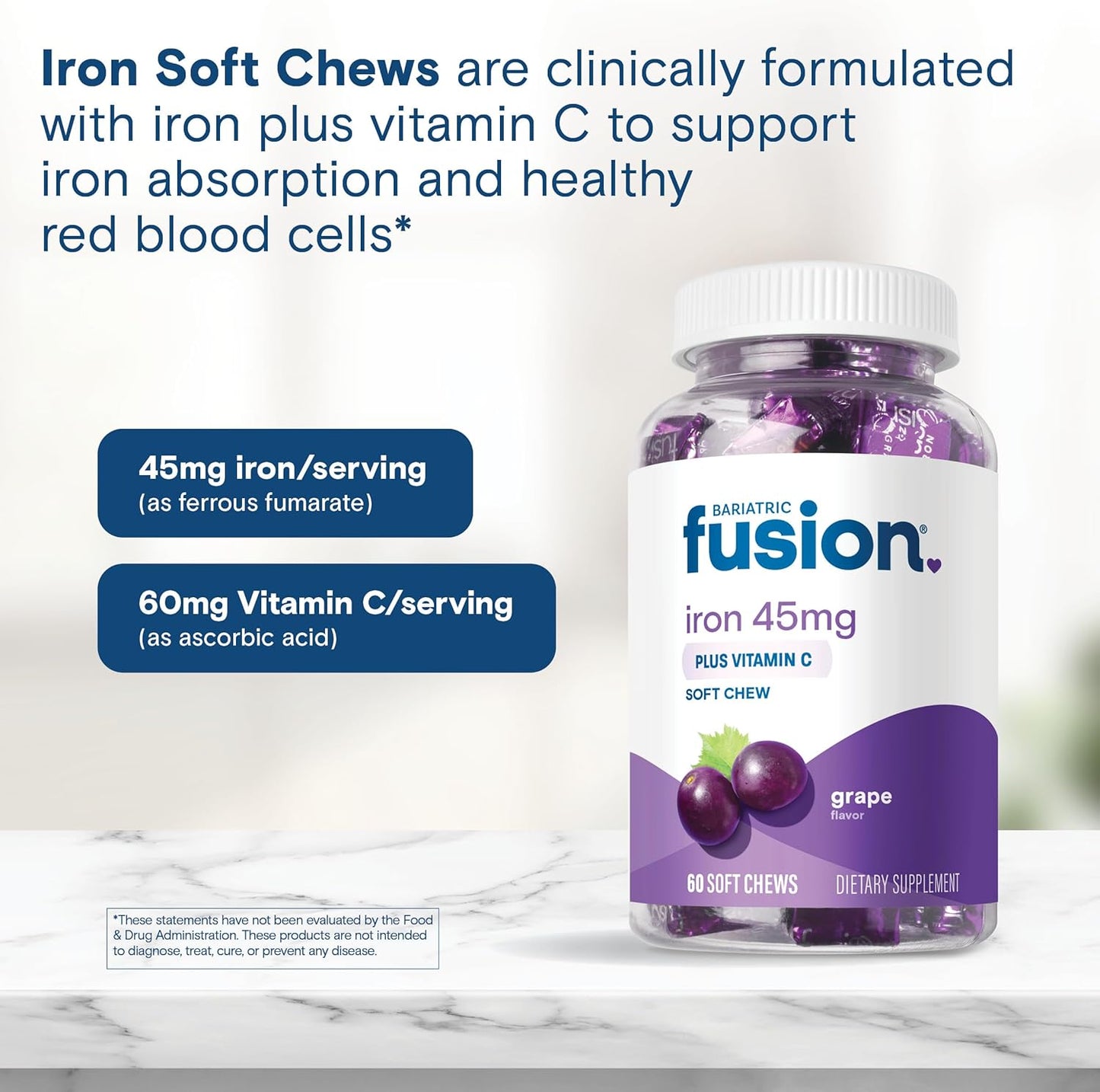 Bariatric Fusion Chewable Iron Supplement with Vitamin C Grape Flavor 60 Count