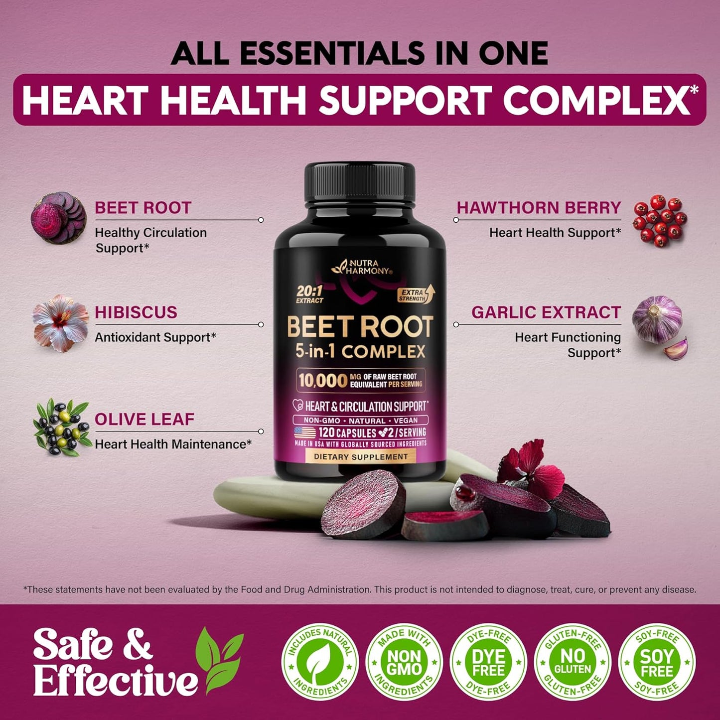 Beet Root 5 in 1 Complex Capsules Olive Leaf Hawthorn Hibiscus 120 Count