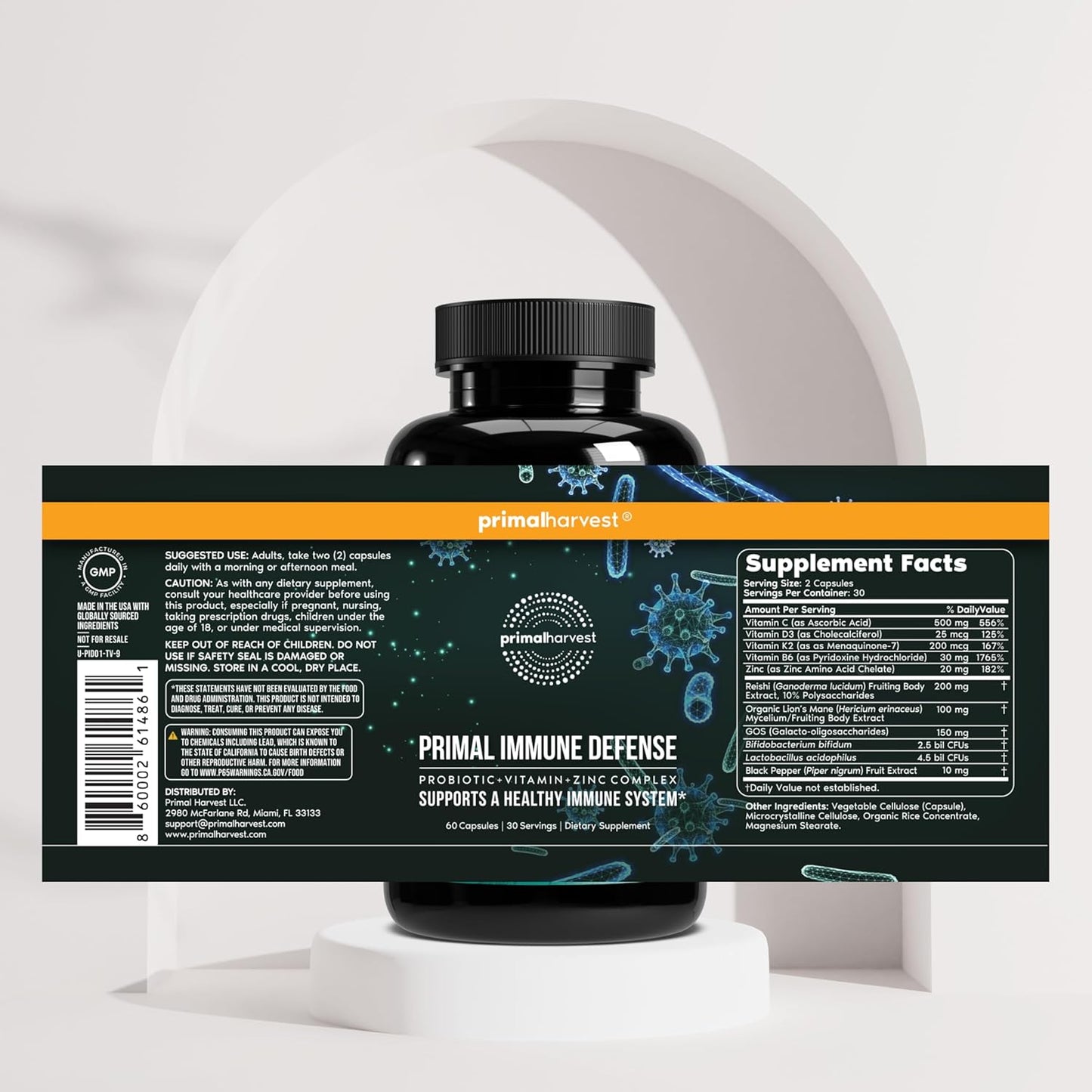 Primal Harvest Immune Defense 10-in-1 Probiotics Zinc Vitamins C D3 K2 B6 Capsules