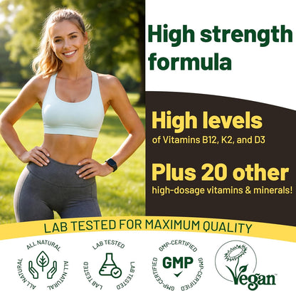 Vegan Vitality Multivitamin Tablets for Women & Men with Vitamin B12, D3 and K2 180 Count