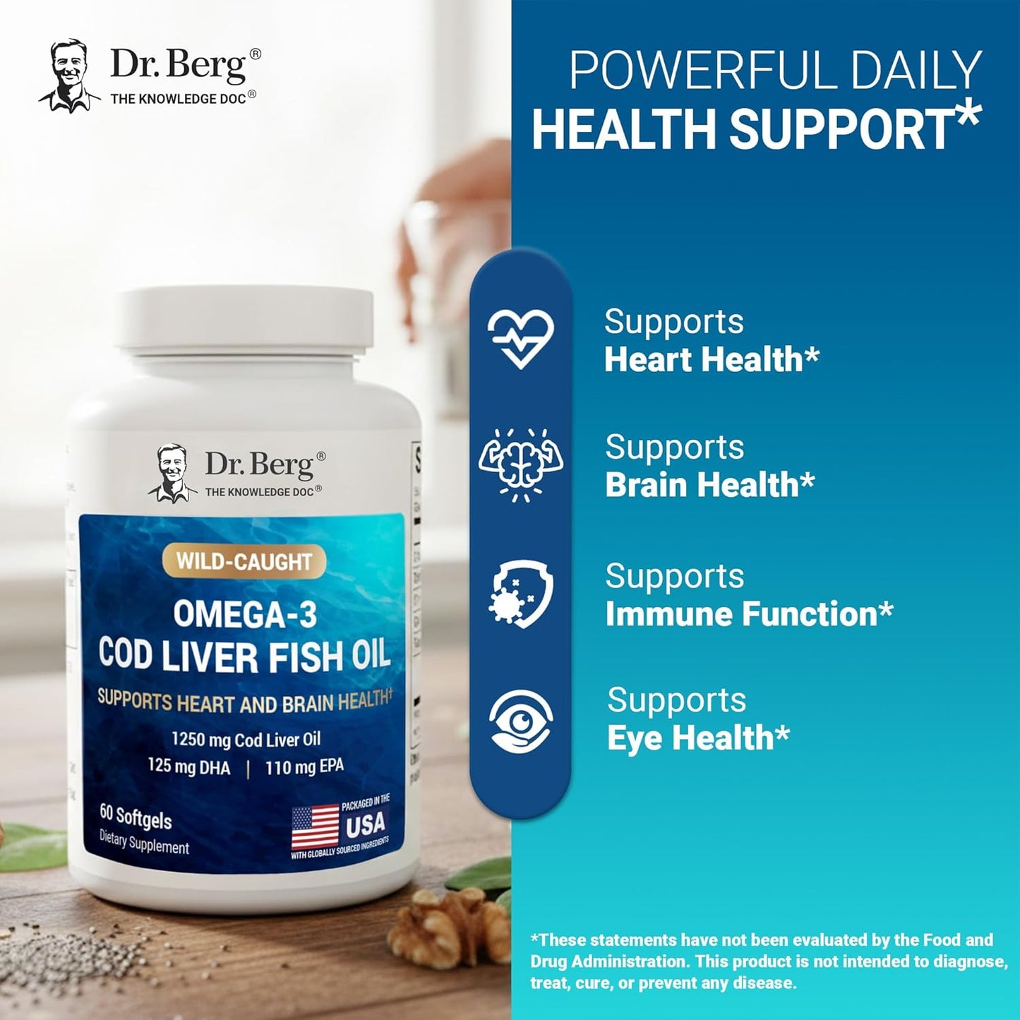 Dr. Berg Omega-3 Cod Liver Oil Softgels – Wild-Caught Cod, EPA & DHA, Lemon Flavor, 60 Count