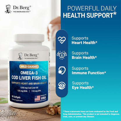 Dr. Berg Omega-3 Cod Liver Oil Softgels – Wild-Caught Cod, EPA & DHA, Lemon Flavor, 60 Count