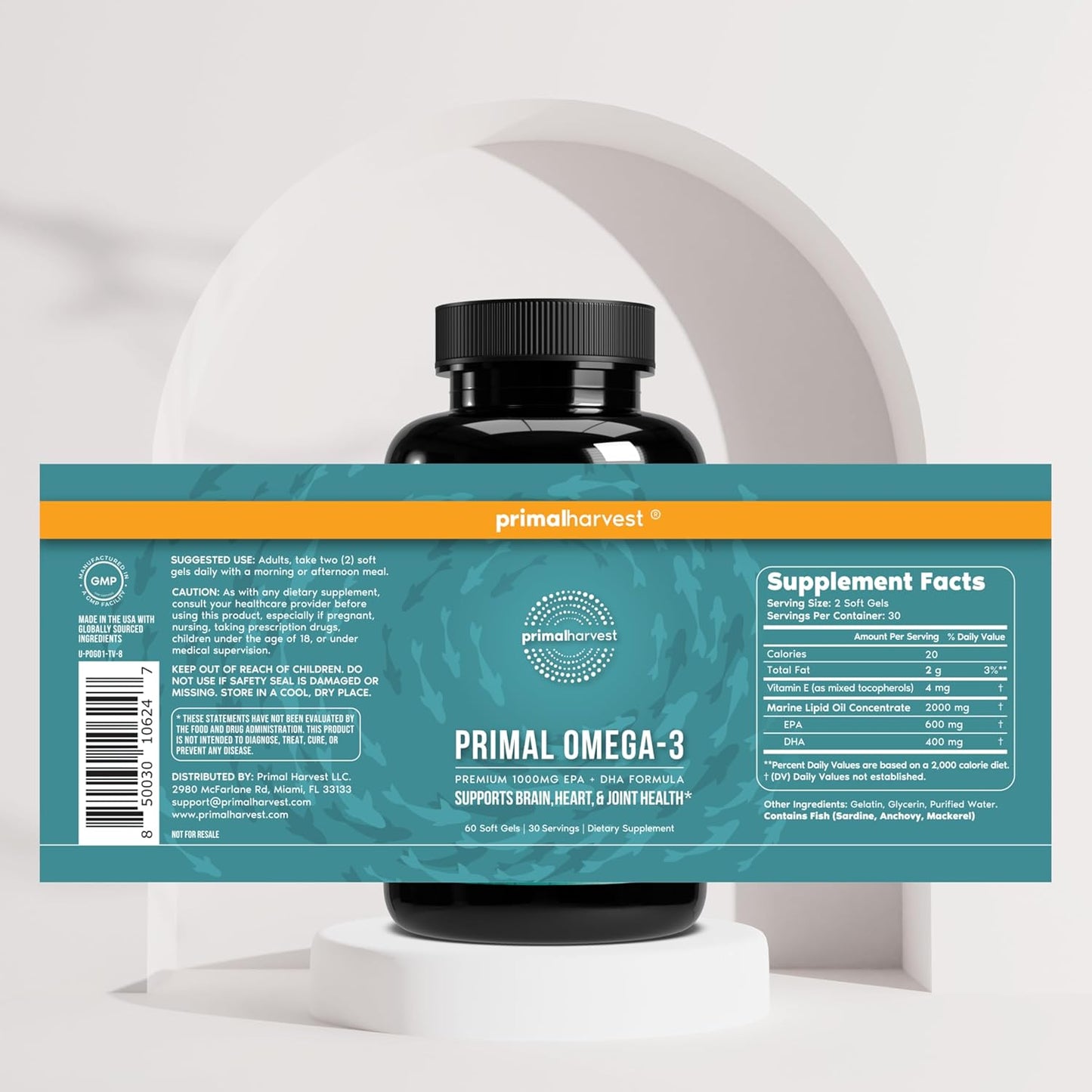 Primal Harvest Omega 3 Fish Oil 1000 mg EPA DHA Softgels 30 Servings