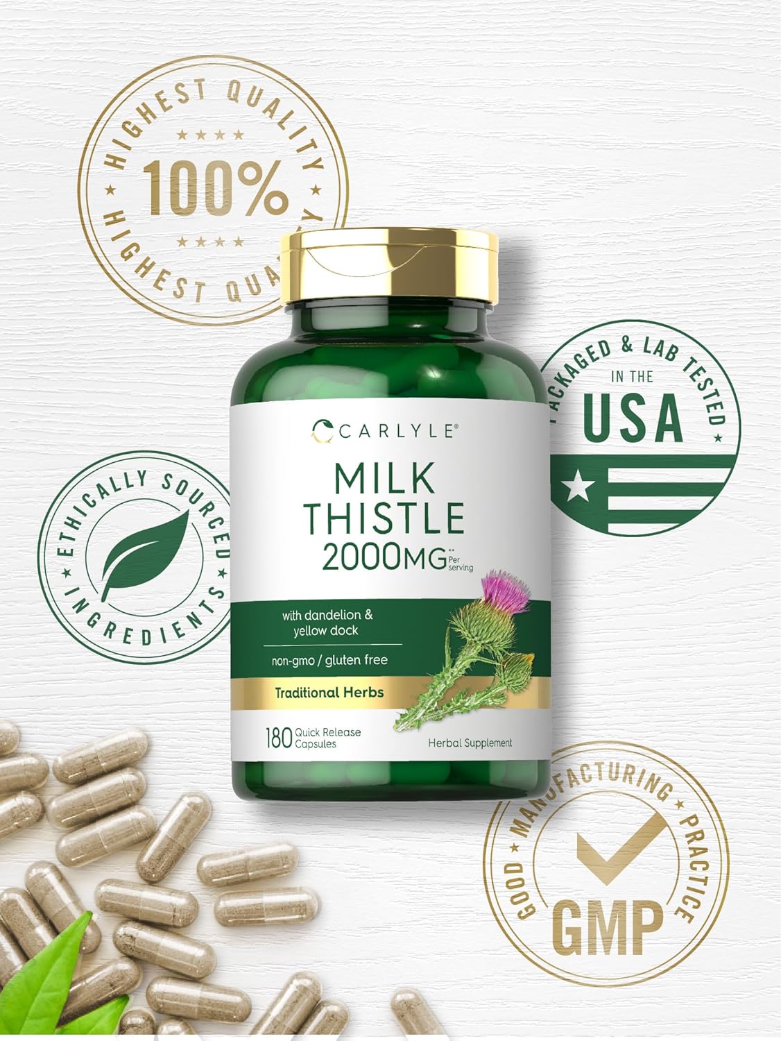Carlyle Milk Thistle | 180 Capsules | with Dandelion & Yellow Dock | Non-GMO, Gluten Free