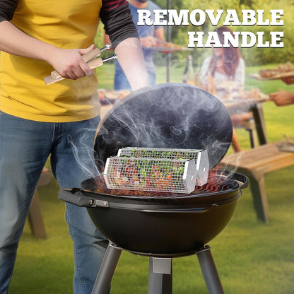 Rolling Grill Basket Set Stainless Steel with Removable Handle BBQ Accessories