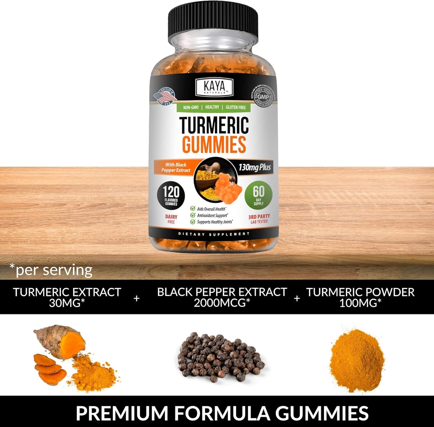 Kaya Naturals Turmeric Gummies Curcumin Ginger Black Pepper 120 Count