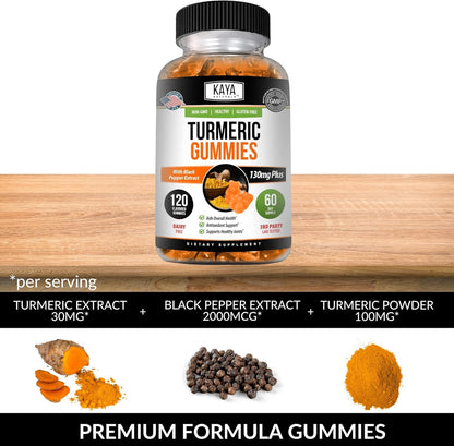 Kaya Naturals Turmeric Gummies Curcumin Ginger Black Pepper 120 Count