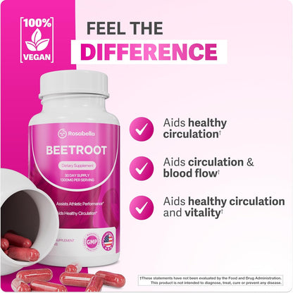 Rosabella Organic Beet Root Supplement 1300 mg 120 Capsules