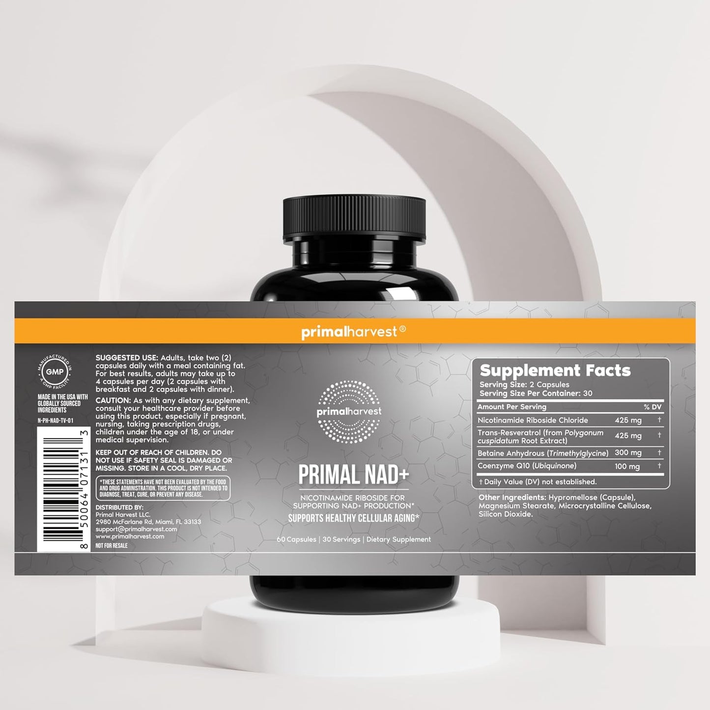 Primal Harvest NAD+ Supplement Nicotinamide Riboside Resveratrol Betaine CoQ10 Capsules