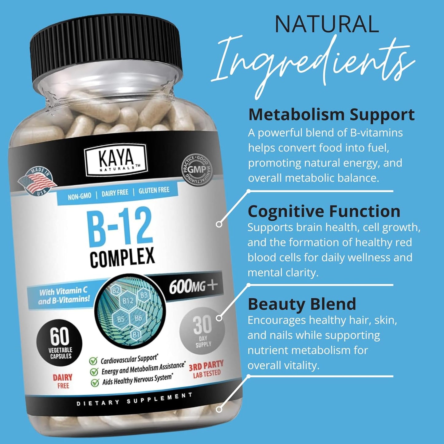 Kaya Naturals B-12 Complex Capsules Energy Metabolism Multivitamin 60 Count