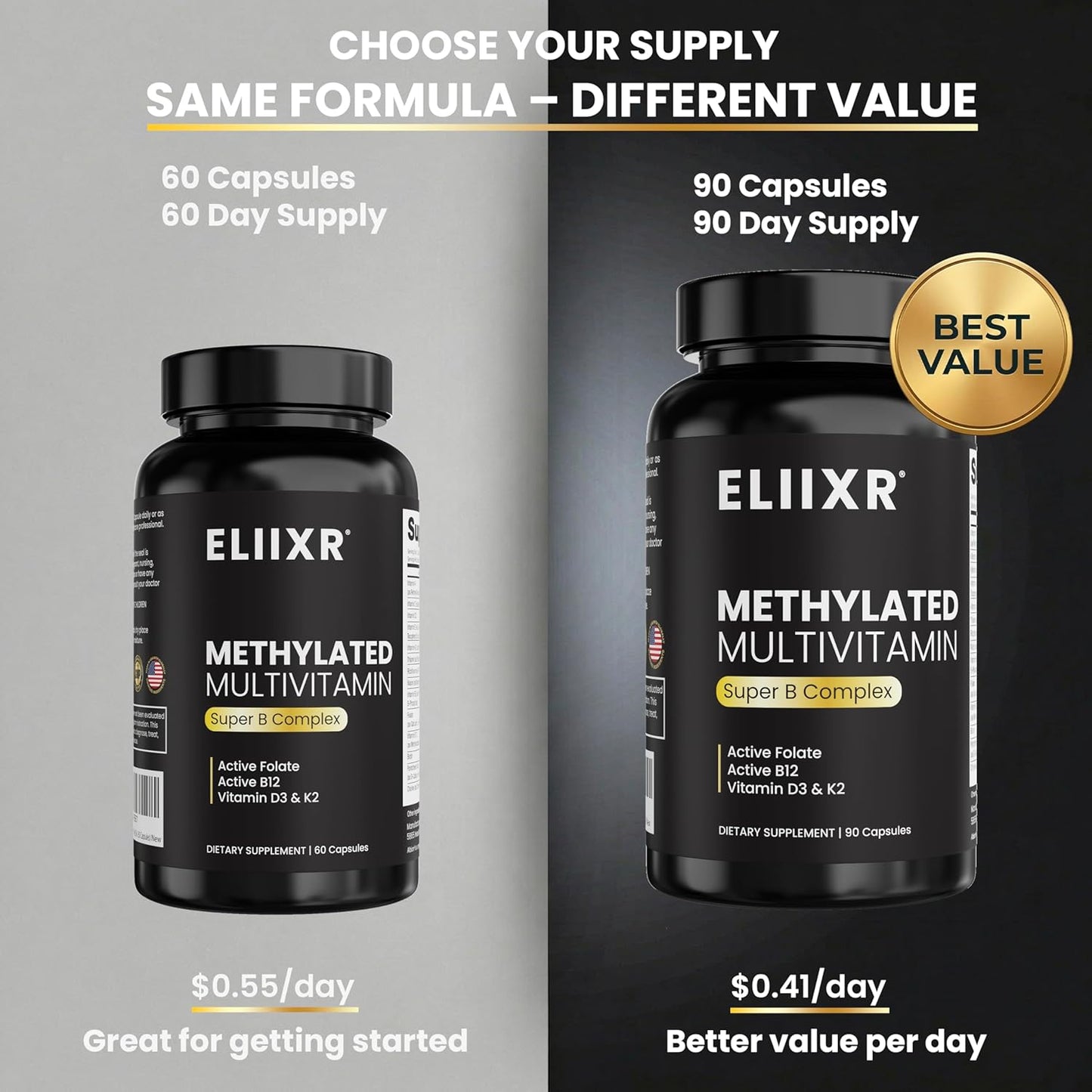 Eliixr Methylated Multivitamin Capsules with B Complex 90 Day Supply