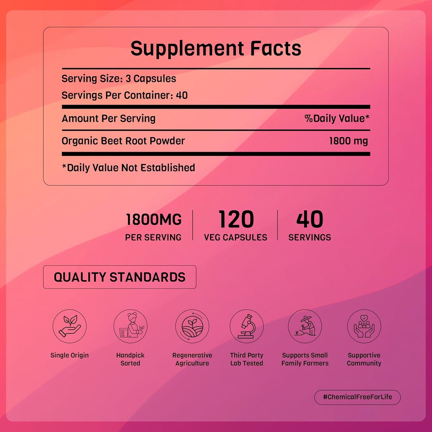 Organic Beet Root Capsules 1800 mg Vegan Non GMO Gluten Free 120 Count