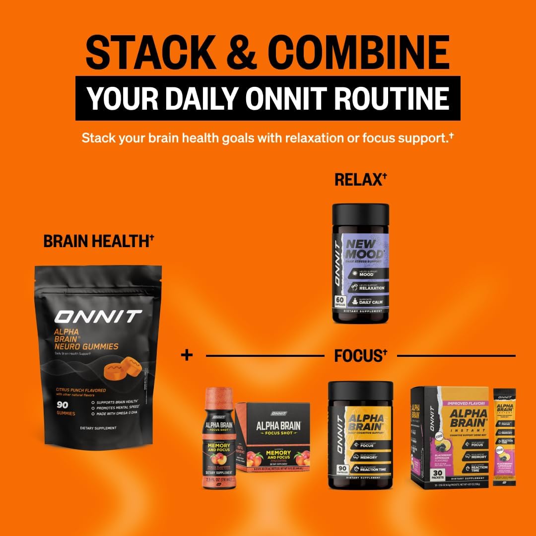 ONNIT Alpha Brain Neuro Focus Gummies Omega 3 Lutein Zeaxanthin Caffeine Citrus 90 Count