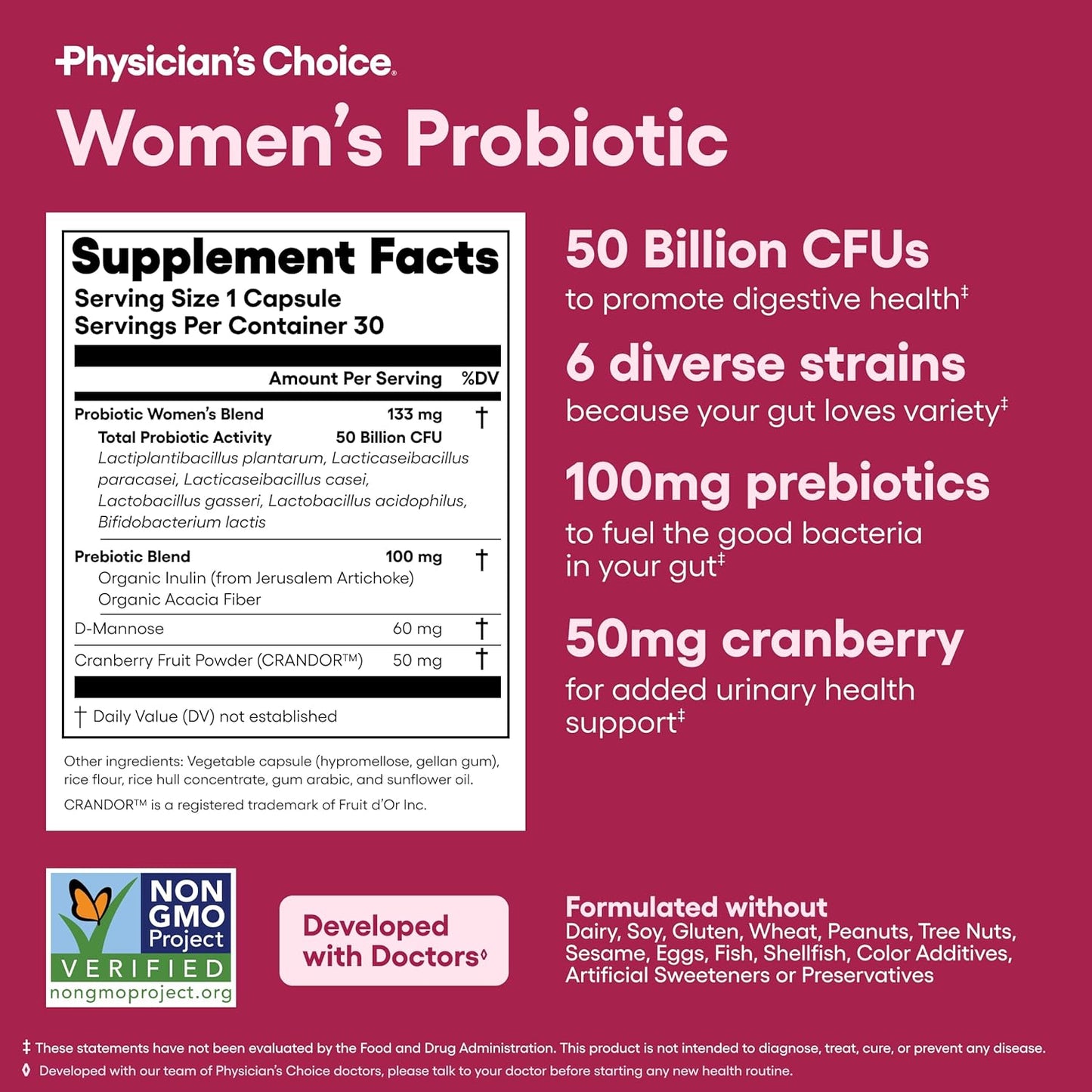Physician's CHOICE Probiotics for Women 50 Billion CFU with Prebiotics Cranberry Extract Capsules 30 Count