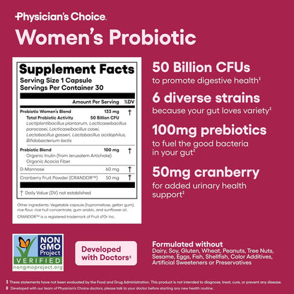 Physician's CHOICE Probiotics for Women 50 Billion CFU with Prebiotics Cranberry Extract Capsules 30 Count