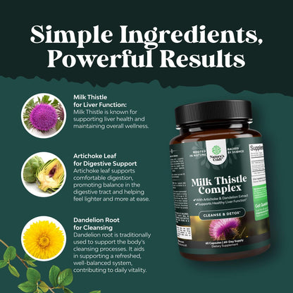 Milk Thistle Liver Support Capsules Dandelion Artichoke Extract 60 Count