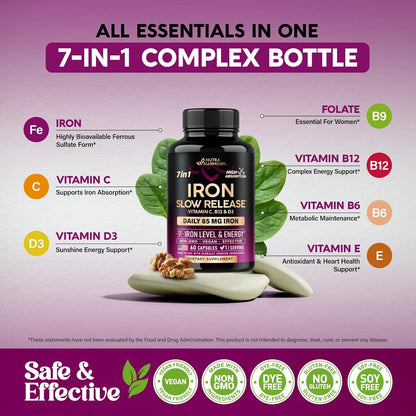 Iron Supplement for Women 65 mg with Vitamin C D3 B6 B12 and Folate 60 Capsules