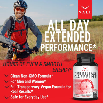 VALI Time Release Caffeine 100mg – Slow Release Energy & Focus Nootropic Supplement, 120 Veggie Capsules