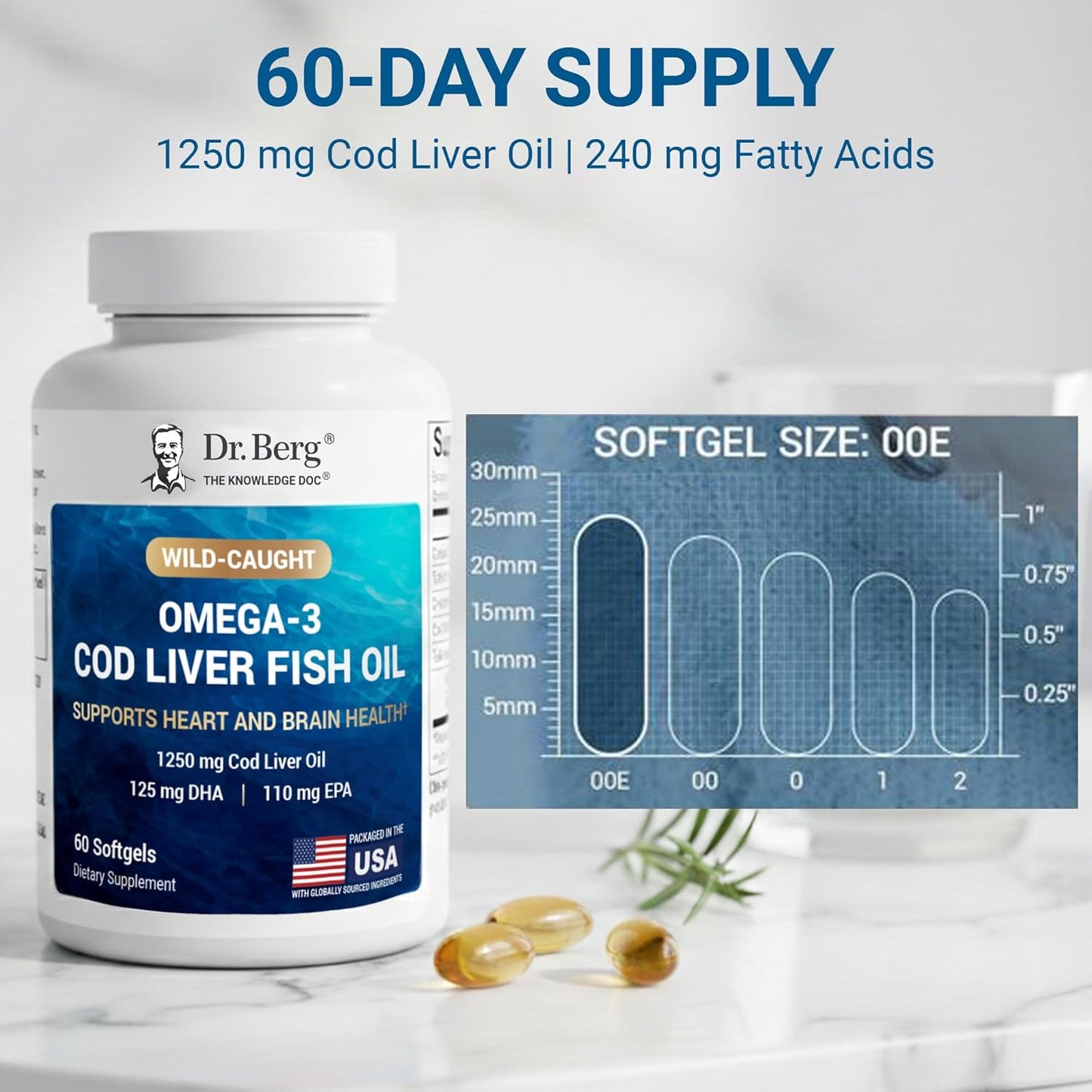 Dr. Berg Omega-3 Cod Liver Oil Softgels – Wild-Caught Cod, EPA & DHA, Lemon Flavor, 60 Count