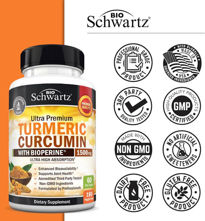 Turmeric Curcumin Supplement with Black Pepper Extract 1500 mg 180 Capsules