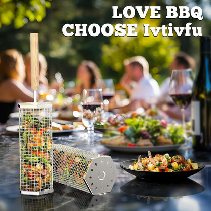 Rolling Grill Basket Set Stainless Steel with Removable Handle BBQ Accessories