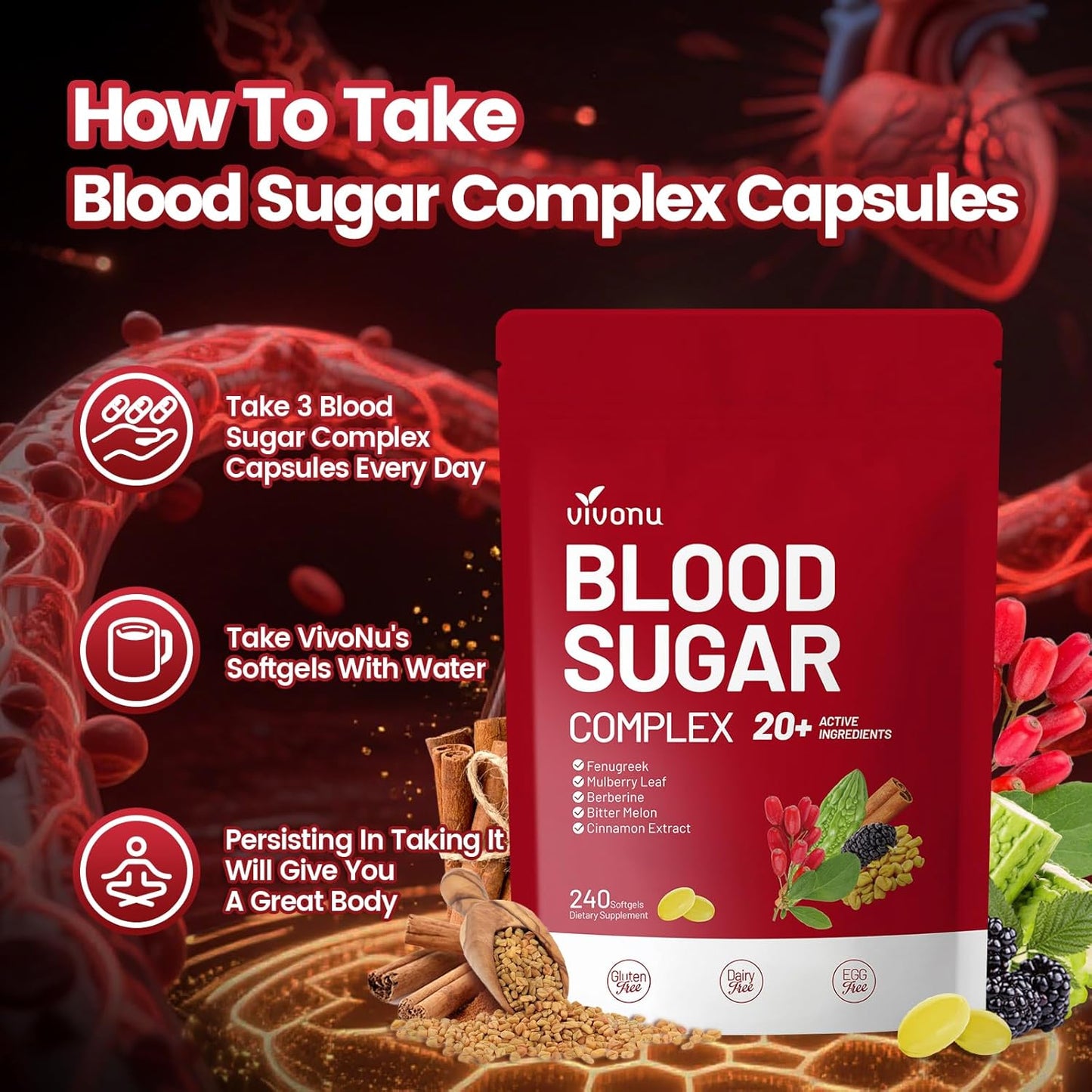 VivoNu Blood Sugar Complex Capsules Cinnamon Turmeric Black Pepper Vegan