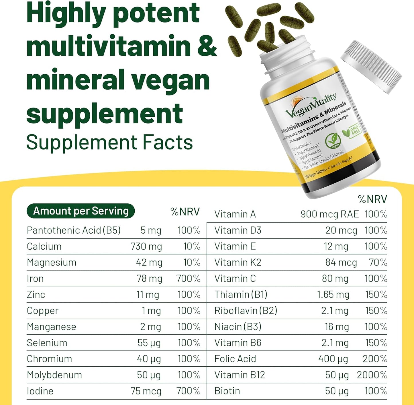Vegan Vitality Multivitamin Tablets for Women & Men with Vitamin B12, D3 and K2 180 Count
