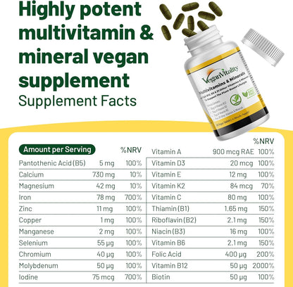 Vegan Vitality Multivitamin Tablets for Women & Men with Vitamin B12, D3 and K2 180 Count
